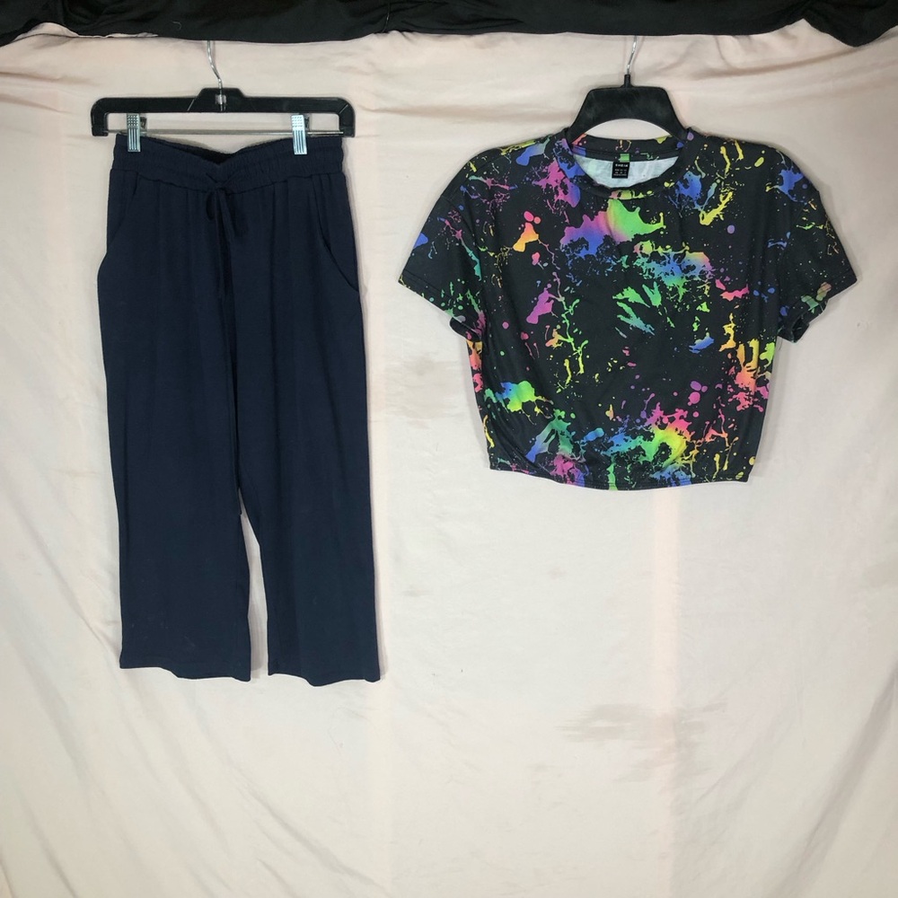 80’s Black Neon Splatter Cropped Tee & Navy Wide-Leg Pants Set Size Small